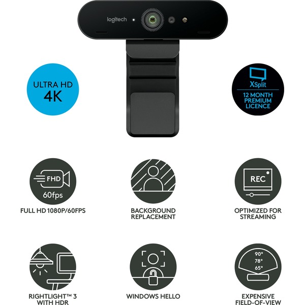 Logitech Brio Stream webcam Noir, 4096 x 21060 pixels, 60 ips, 1080p, USB 3.2 Gen 1 (3.1 Gen 1), Noir, Clip