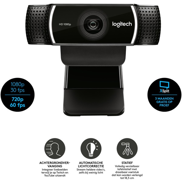 Logitech C922 Pro Stream Webcam Noir, 1920 x 1080 pixels, 60 ips, 1280x720@60fps,1920x1080@30fps, 720p,1080p, H.264, USB