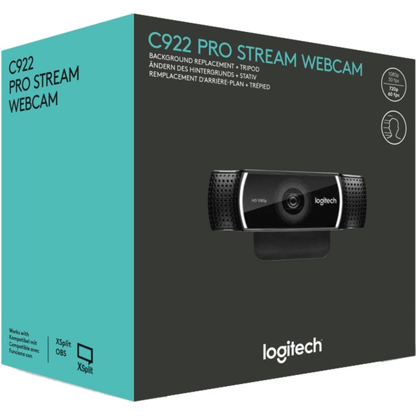 Logitech C922 Pro Stream Webcam Noir, 1920 x 1080 pixels, 60 ips, 1280x720@60fps,1920x1080@30fps, 720p,1080p, H.264, USB