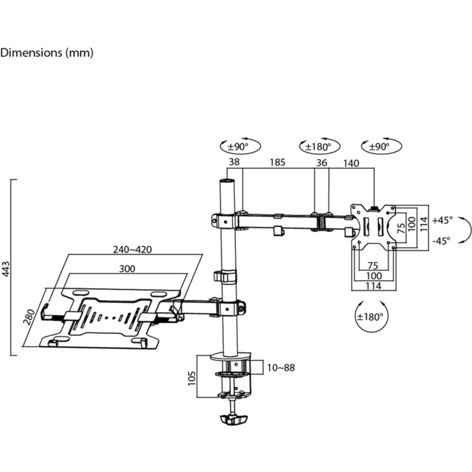 goobay Support 13 à 32" avec bras flexible pour PC portable, 10 à 15,6", Support de moniteur Noir