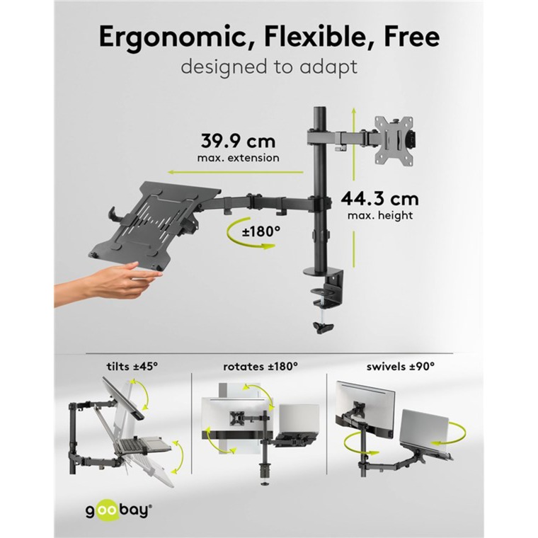 goobay Support 13 à 32" avec bras flexible pour PC portable, 10 à 15,6", Support de moniteur Noir