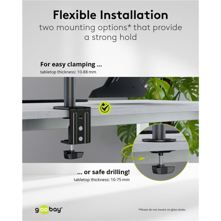 goobay Support 13 à 32" avec bras flexible pour PC portable, 10 à 15,6", Support de moniteur Noir